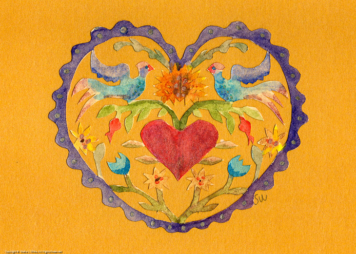 Watercolored Birds and Heart